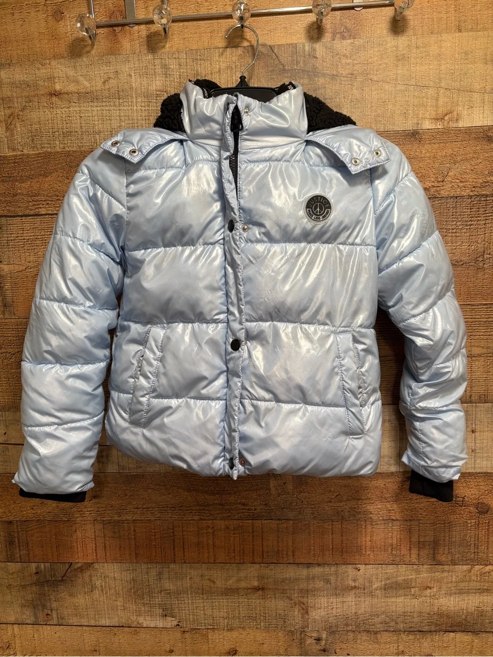 Justice Girls Puffer Coat Size 7/8 Shiny Blue Sherpa Lined Hooded Jacket K020